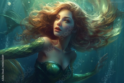 Mermaid. Mythical creature that is half human, half fish. Beautiful illustration picture. Generative AI