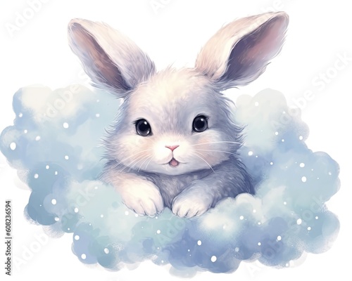 dreamy and ethereal watercolor print of a rabbit surrounded by floating clouds and stars. soft pastel shades and gentle brushstrokes to create a sense of tranquility and enchantment Generative AI