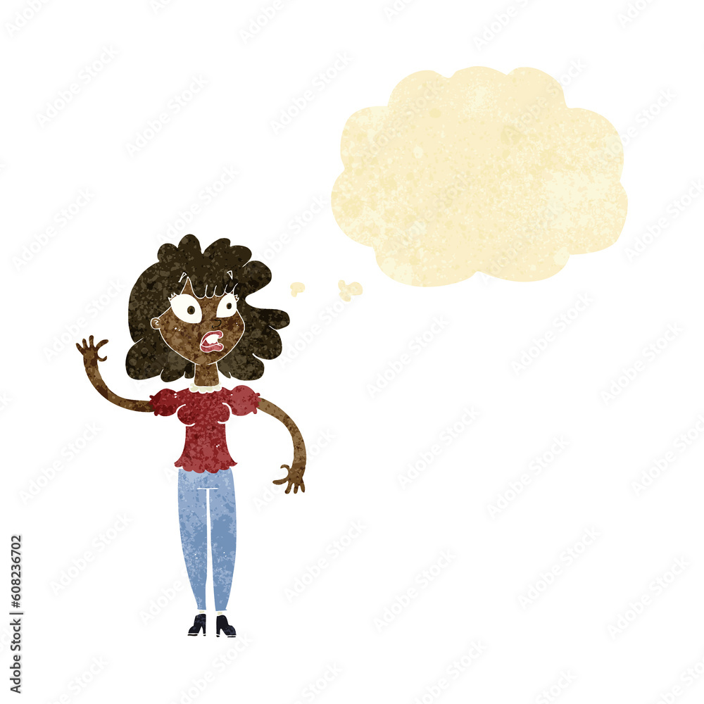 cartoon worried woman waving with thought bubble cartoon worried woman waving with thought bubble