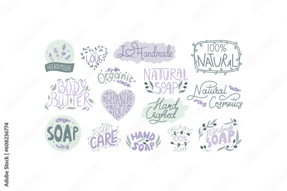 Set of vector isolated stickers or labels for packaging of natural cosmetics and soaps with lettering. Floral lavender patterns and frames with leaves.