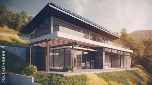 A modern two-story high-tech minimalist cottage with solar panels on the roof. Panoramic windows, a spacious terrace, spectacular location of the house on a hillside. Generative AI