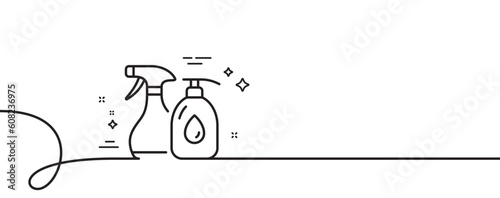 Cleaning liquids line icon. Continuous one line with curl. Antiseptic spray sign. Washing symbol. Cleaning liquids single outline ribbon. Loop curve pattern. Vector