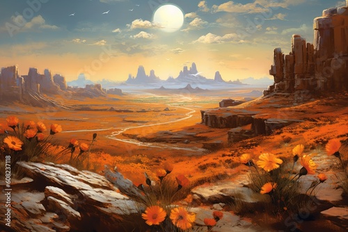 Sunset time. Painting of an autumn view of nature. Beautiful illustration picture. Generative AI