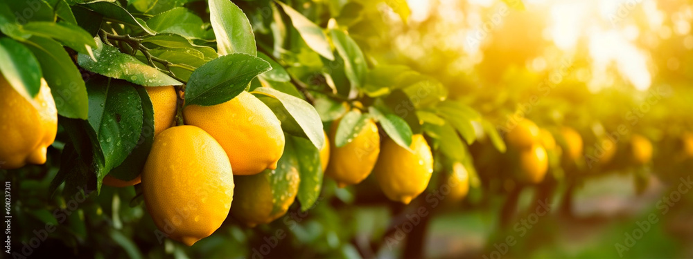 Lemon grows on a tree in a harvest garden. Generative Ai,