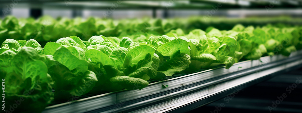 lettuce, tape in the food industry, products ready for automatic packaging. Concept with automated food production. Generative AI, - obrazy, fototapety, plakaty 