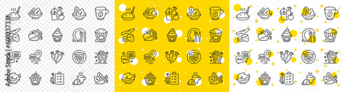Salad with arugula, Cook meal and Diet menu set. Healthy food line icons. Crepe, popcorn food and porridge line icons. Healthy carrots vegetable, fast food delivery and Kcal menu. Vector