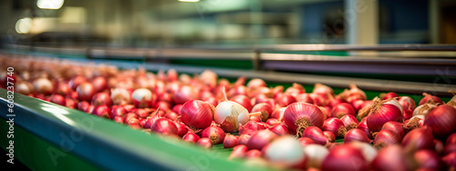 onion, tape in the food industry, products ready for automatic packaging. Concept with automated food production. Generative AI,