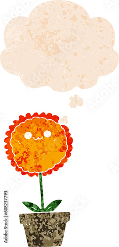 cartoon flower with thought bubble in grunge distressed retro textured style