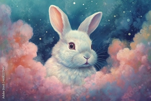 dreamy and ethereal watercolor print of a rabbit surrounded by floating clouds and stars. soft pastel shades and gentle brushstrokes to create a sense of tranquility and enchantment