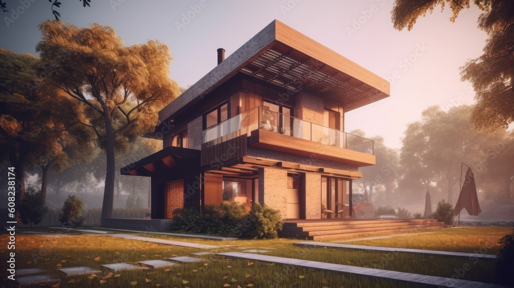 Modern minimalist two-story house with a flat roof and panoramic windows. Trendy combination of wood and concrete in the exterior, beautiful landscape design of the site. Generative AI