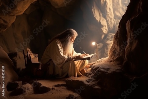 Tela Prophet is writing holy book in the cave