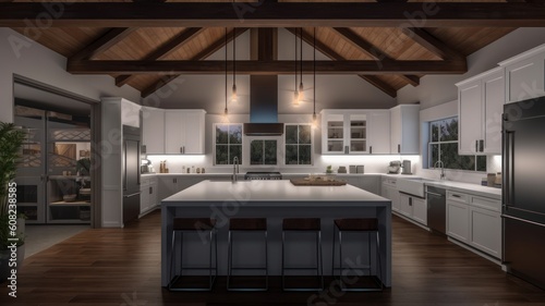 Modern spacious country house kitchen, white facades and countertops, wooden floors and ceiling beams, large kitchen island with bar stools. Generative AI