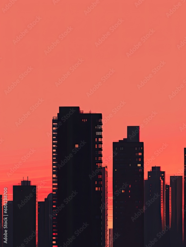 A large residential skyscraper on the background of a red sunset. The illustration was created by AI.