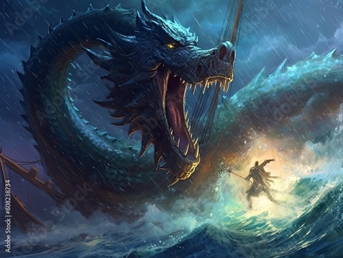 A large fairy-tale dragon attacks people from the depths of the ocean. The illustration was created by AI. © index74