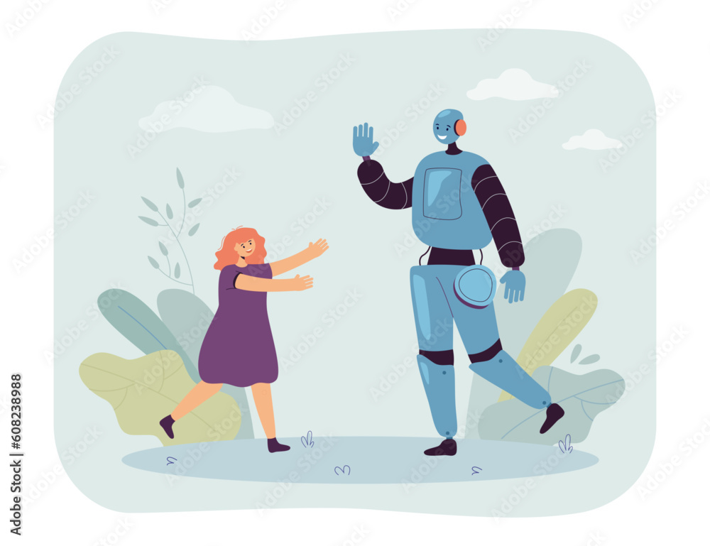 Robotic character greeting happy little girl vector illustration. Cartoon drawing of smiling child running towards comic robot or cyborg. Artificial intelligence, emotions, modern technology concept Robotic character greeting happy little girl vector illustration. Cartoon drawing of smiling child running towards comic robot or cyborg. Artificial intelligence, emotions, modern technology concept