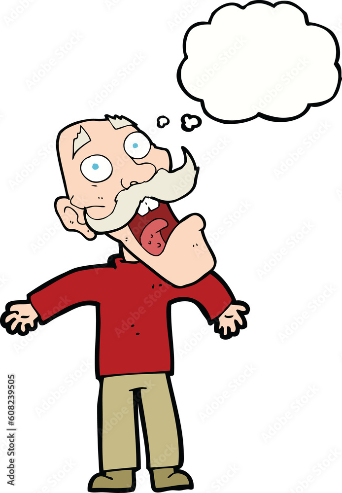 cartoon terrified old man with thought bubble