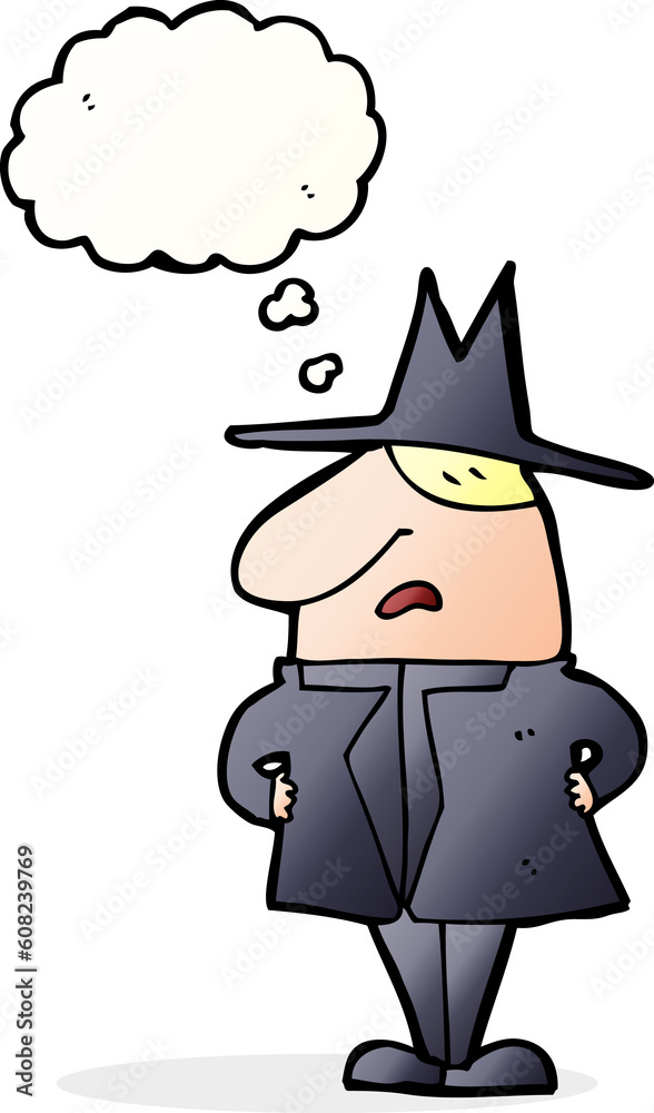 cartoon man in coat and hat with thought bubble cartoon man in coat and hat with thought bubble