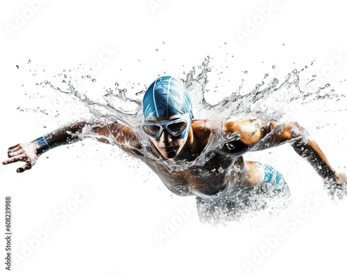 a professional swimming person with water splashes on transparent background