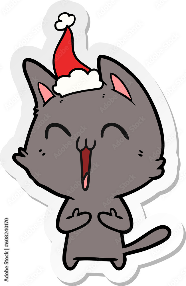 happy hand drawn sticker cartoon of a cat wearing santa hat happy hand drawn sticker cartoon of a cat wearing santa hat