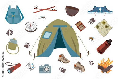 A set of symbols and badges of hiking equipment. A set for hiking. Vector illustration. 