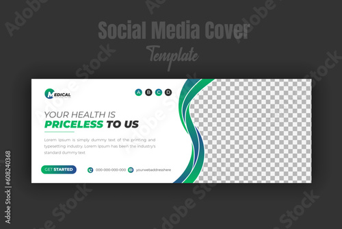 Corporate medical health care center service social media post or timeline cover page web ad banner template design for multipurpose promotion with abstract green gradient color shape