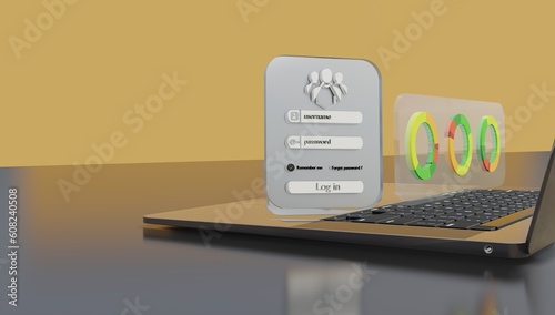 Fényképezés Illustration of laptop and IT server data with Banyk Cloud icon, ia robot, secur