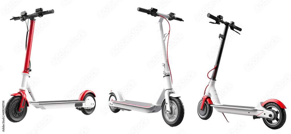 a set of minimalistic designed electric scooters in various positions on transparent background a set of minimalistic designed electric scooters in various positions on transparent background