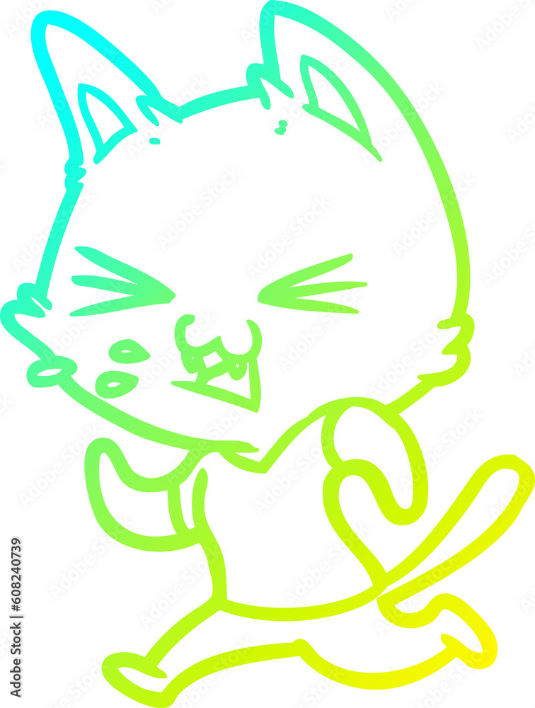 cold gradient line drawing of a cartoon running cat hissing