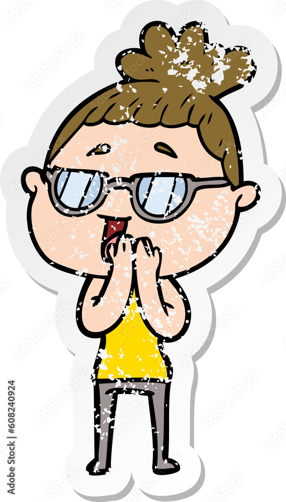 distressed sticker of a cartoon happy woman wearing spectacles
