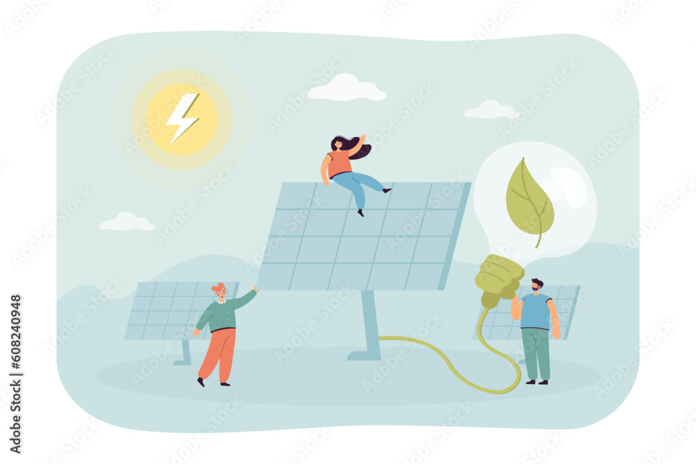 Tiny people on solar power panels vector illustration. Development and access to renewable energy sources, transportation of electricity. Green living lifestyle, sustainability, ecology concept Tiny people on solar power panels vector illustration. Development and access to renewable energy sources, transportation of electricity. Green living lifestyle, sustainability, ecology concept
