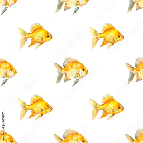 Seamless pattern with many goldfish on white background in watercolor style. Generative AI.