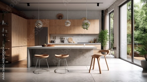 Modern spacious loft kitchen with dining area. Minimalistic interior, concrete walls and floors, wooden facades, kitchen island with breakfast bar, floor-to-ceiling panoramic windows. Generative AI