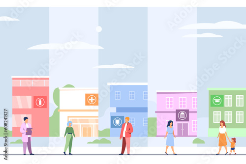 Public services buildings vector illustration. People using governmental system of citizen service, getting education, medical help, housing. Public sector, government, infrastructure concept