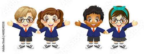 Set of a happy cute boy and girl students, back to school, education, print, artwork, doodle, vector illustration (Vector)