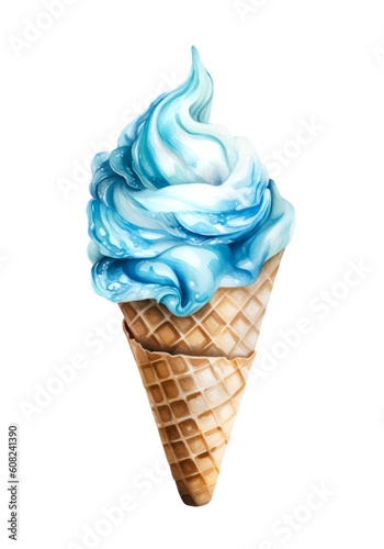 Blue ice cream in a waffle cone isolated on white background in watercolor style. Generative AI.