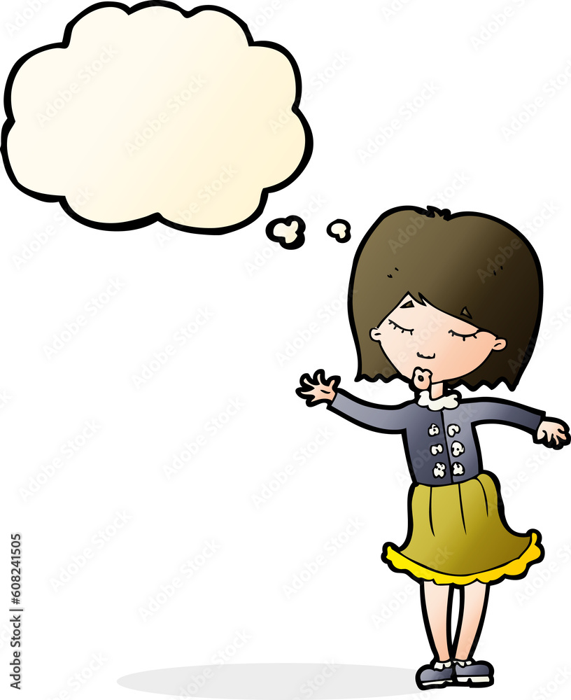 cartoon waving woman with thought bubble cartoon waving woman with thought bubble