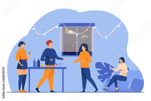 Family having party at home vector illustration. Happy friends or relatives drinking and talking together, celebrating birthday in decorated room. Family reunion, tradition, holiday concept