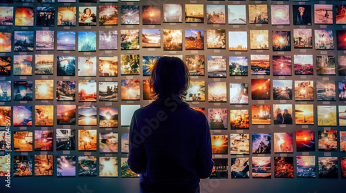 Rear view of young man standing in front of wall full of photos making a choice. Background, AI-generated 
