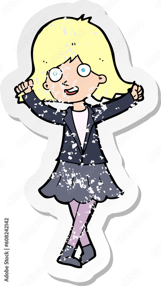 retro distressed sticker of a cartoon happy girl retro distressed sticker of a cartoon happy girl
