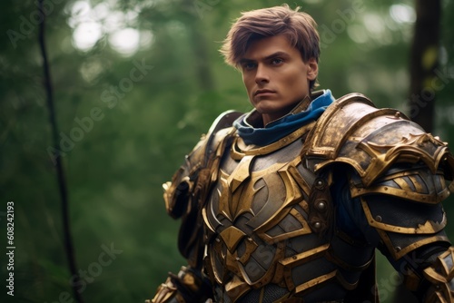 A strong medieval warrior in armor is outdoors. Beautiful illustration. Generative AI