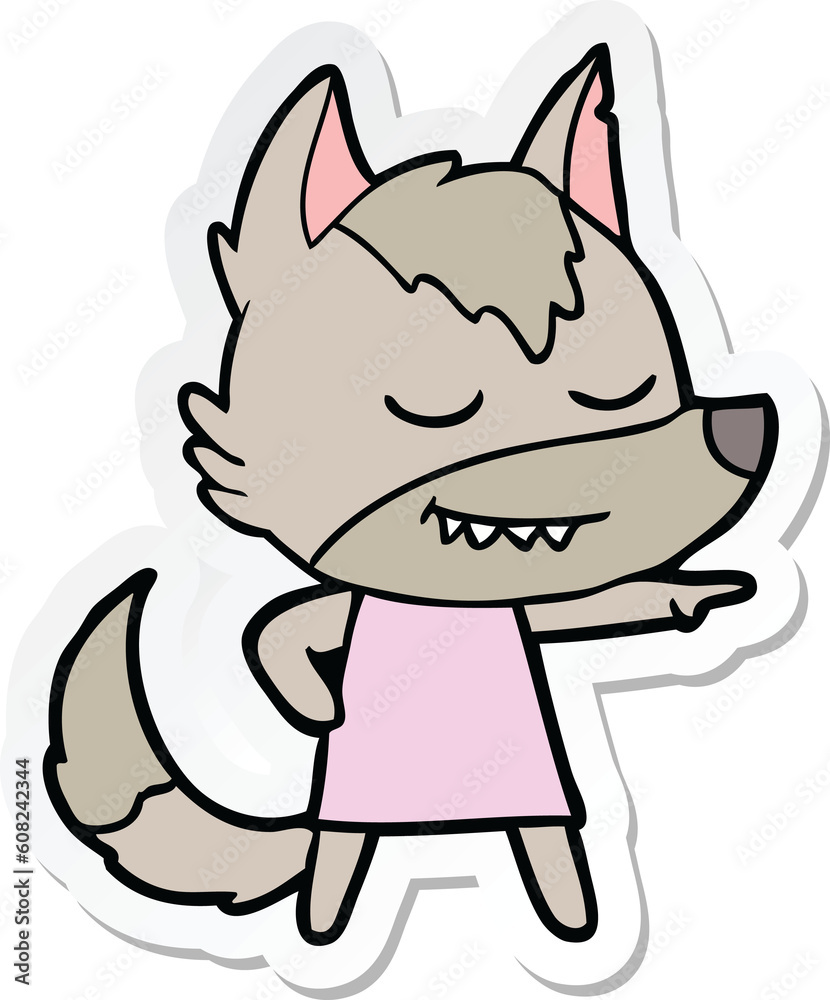 sticker of a friendly cartoon wolf girl pointing sticker of a friendly cartoon wolf girl pointing