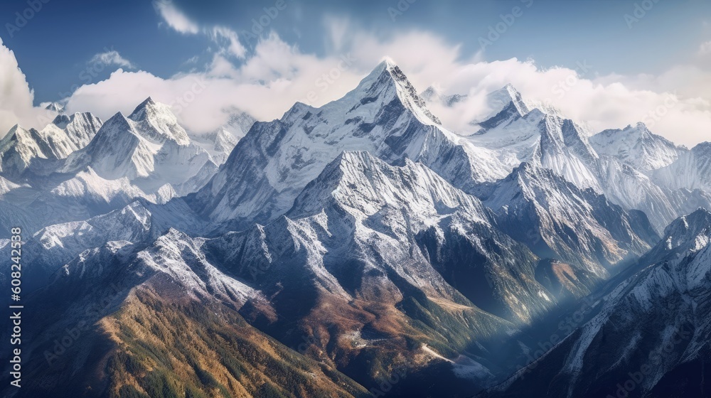Embark on a journey through a majestic mountain range, where snow-capped peaks paint a picturesque scene against the deep blue sky. Generated by AI.