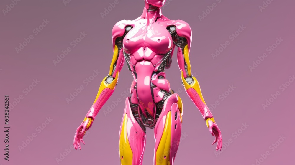 Skinny thick robot woman in pink and yellow colors. Beautiful illustration  picture. Generative AI Stock Illustration | Adobe Stock