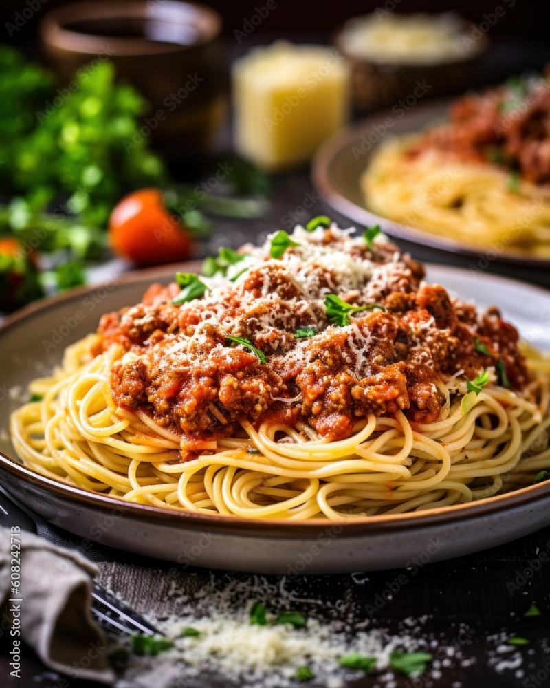 Spaghetti Bolognese in a Plate. Generative AI illustration. Spaghetti Bolognese in a Plate. Generative AI illustration.
