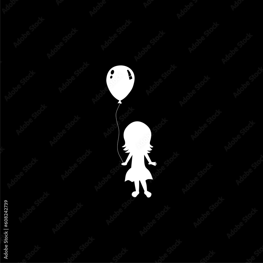 Beautiful girl walking with balloons icon isolated on black background Beautiful girl walking with balloons icon isolated on black background