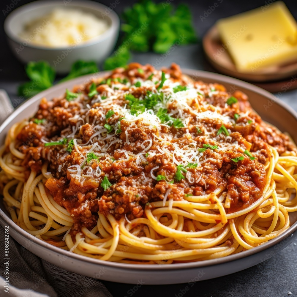 Spaghetti Bolognese in a Plate. Generative AI illustration. Spaghetti Bolognese in a Plate. Generative AI illustration.