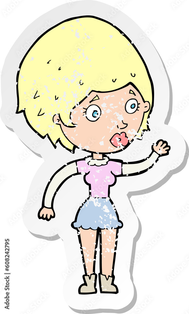 retro distressed sticker of a cartoon woman waving retro distressed sticker of a cartoon woman waving