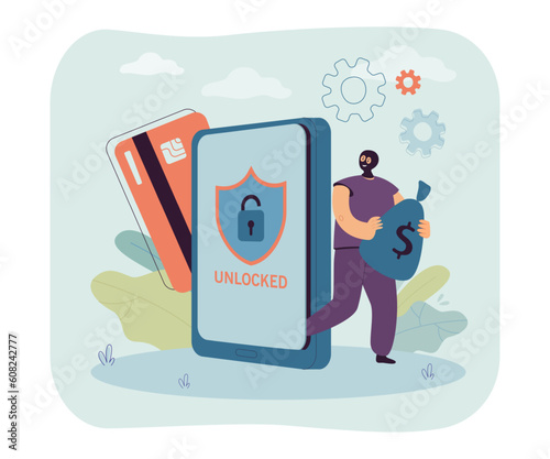 Cyber criminal stealing credit card information from smartphone. Thief with money bag, phone with unlocked symbol on screen vector illustration. Cybersecurity, safety, protection, technology concept
