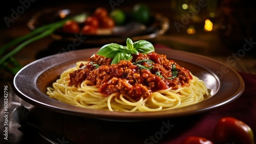 Spaghetti Bolognese in a Plate. Generative AI illustration.