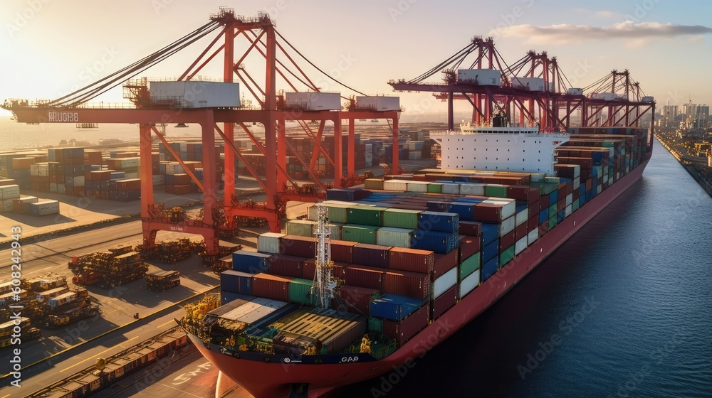 Witness the bustling activity at a port where a massive cargo ship looms, its hull resting against the pier. Cranes swing into action. Generated by AI.